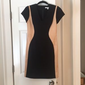 DVF black jersey and tan leather dress